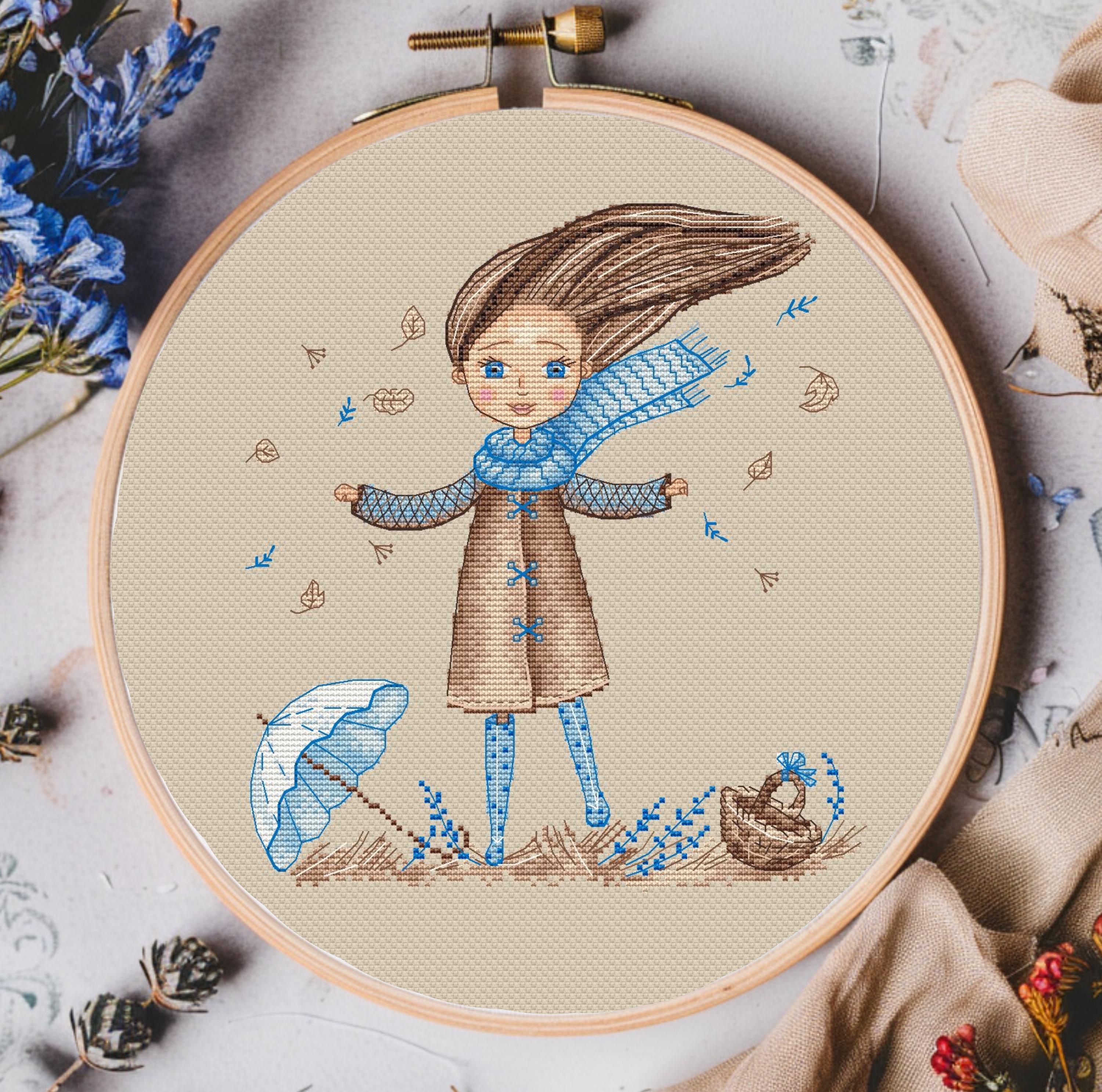 Autumn Girl Cross Stitch Pattern Fall Girl Room Umbrella Woman