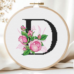 Monogram Cross Stitch Pattern Letters D Flower Alphabet Font Name Rose Floral Modern Simple  For Girlfriend Woman X-stitch Chart Counted PDF