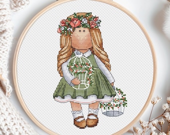 Girl in Wreath Cross Stitch Pattern DIY X Stitch Chart Needlepoint Pattern Embroidery Chart Printable PDF Instant Download Kids Room Decor