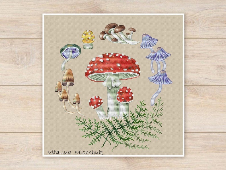 Mushrooms Cross Stitch Patterns Autumn Fall Toadstool Fly agaric Round Pillow Wreath Counted Needlepoint Printable PDF Instant Download image 1