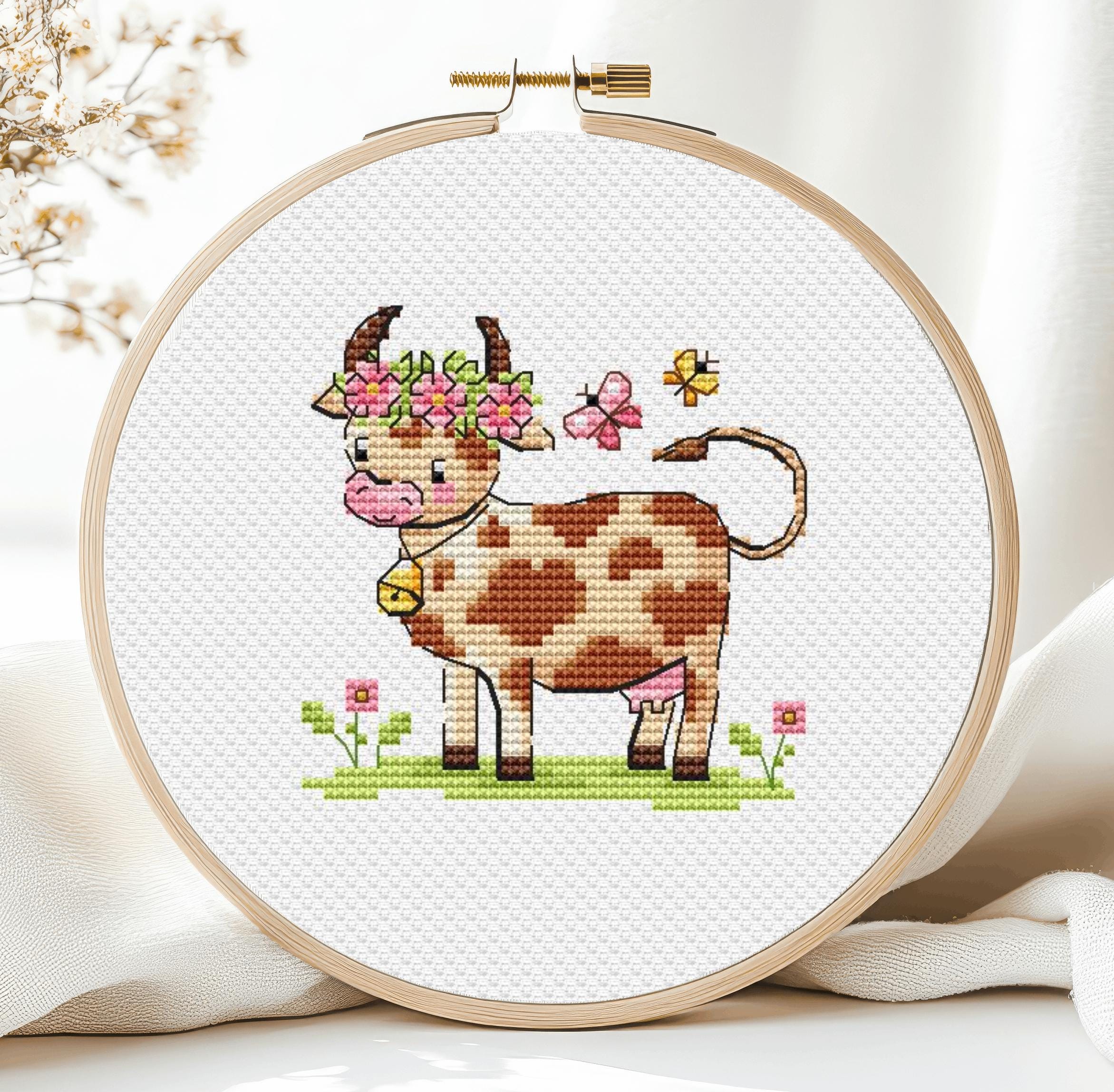 Cow Cross Stitch Pattern Farm Animal Small Mini Tiny Red Card