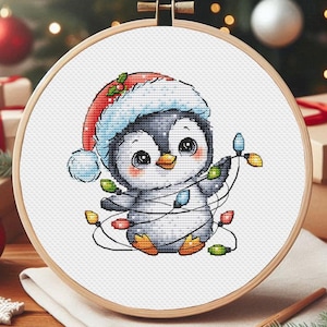 クリスマス ペンギン クロスステッチ パターン PDF 動物飾り サンタ クリスマス シーン かわいい 子供 キッズ 面白い 冬 ガーランド デコレーション 即時ダウンロード