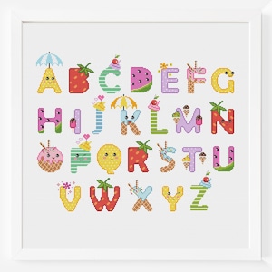 Alfabeto de verano, patrón de punto de cruz, letras, monograma, fuente, bebé, helado, dulces fáciles, pastel kawaii, niños, arte colorido, imprimible en PDF