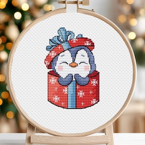 Schema punto croce per biglietti di Natale in formato PDF, piccolo ornamento per animali, pinguino, DMC, mini set per neonati, schema ricamo a punto croce, PDF stampabile, download immediato