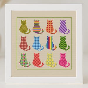 May include: A cross-stitch pattern featuring 12 colorful cats in various patterns, including plaid, polka dots, and stripes. The cats are arranged in a grid pattern on a beige background.