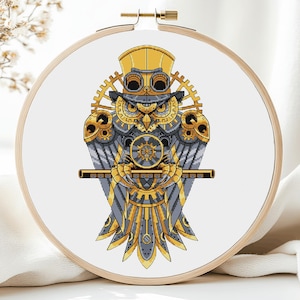 May include: A gold and gray steampunk owl with a top hat and gears. The owl is holding a clock face in its talons.