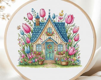 Tulip House Cross Stitch Pattern Garden Flowers Fairy House Magical Summer Village Floral Spring Victorian Fairytale PDF Instant Download