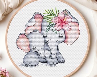 Elephant Cross Stitch Pattern Baby Animal Mom and Baby Girl Boy Kids Colorful Art X-stitch Needlepoint Printable Instant Download PDF Design