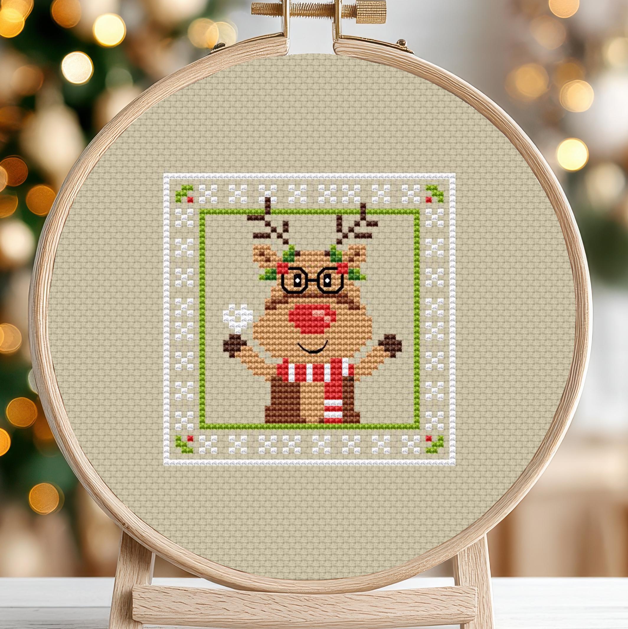 Christmas Deer Cross Stitch Pattern Card Reindeer Animal Small Mini ...