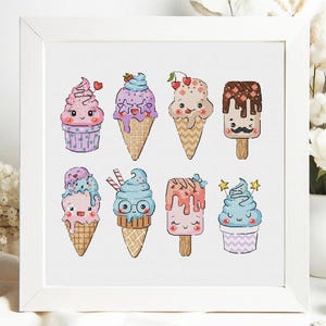 May include: A set of eight cute ice cream cone and popsicle designs with smiling faces. The ice cream cones are in various colors, including pink, blue, purple, and green. The popsicles are in pink and brown. The designs are perfect for cross-stitch or embroidery projects.