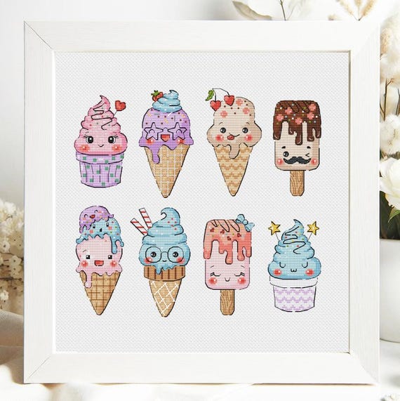 Ice Cream Cross Stitch Pattern Summer Kawaii Sweets Dessert Face For Child Kids Room Funny Cute Easy Modern Set 8 Art PDF Instant Download