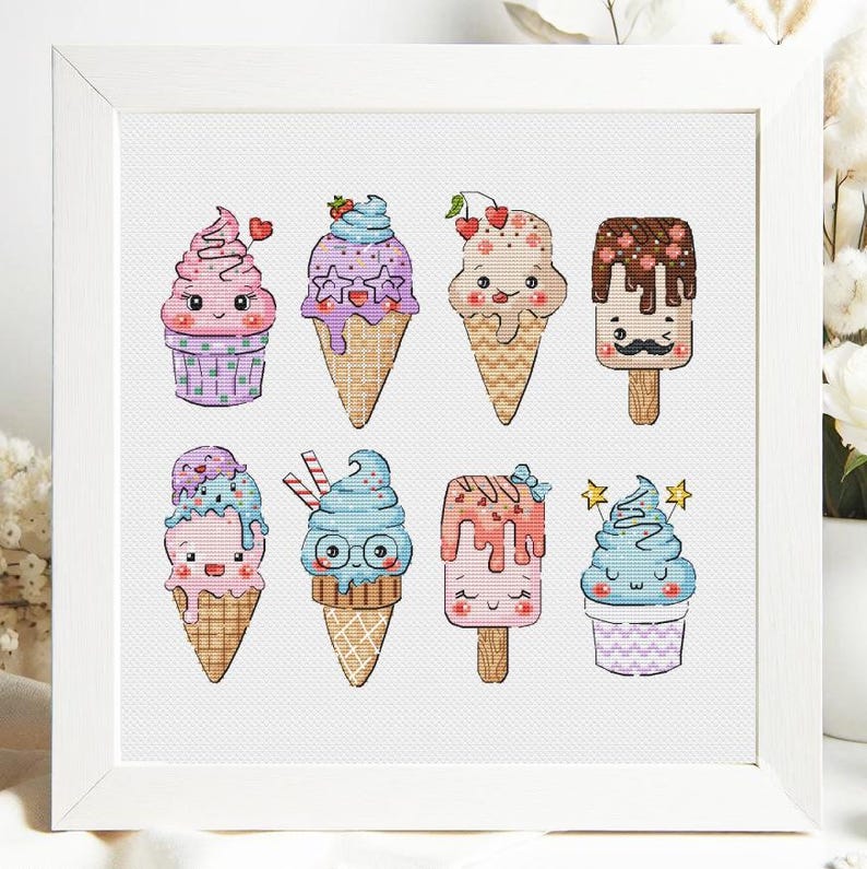 May include: A set of eight cute ice cream cone and popsicle designs with smiling faces. The ice cream cones are in various colors, including pink, blue, purple, and green. The popsicles are in pink and brown. The designs are perfect for cross-stitch or embroidery projects.