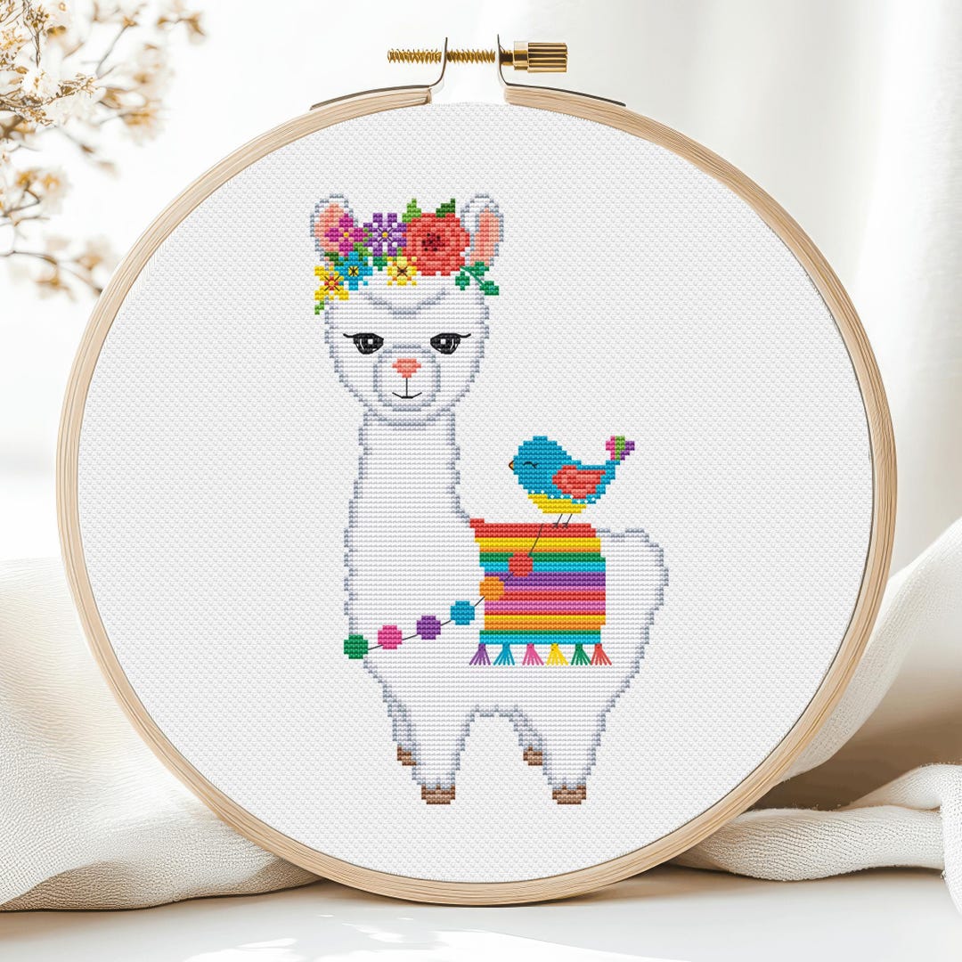 Patrón de punto de cruz de llama, alpaca, animales sencillos, pájaro fácil  para niñas, niños, colorido, punto X, principiante, imprimible, descarga ..., image size:1080x1080