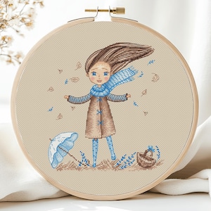 Autumn Girl Cross Stitch Pattern Fall Girl Room Umbrella Woman Counted Needlepoint Chart Printable PDF Instant Download