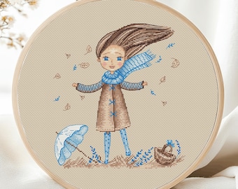 Patrón de punto de cruz para niña de otoño. Habitación de niña de otoño. Paraguas para mujer. Gráfico de punto de cruz contado. Descarga instantánea en PDF.