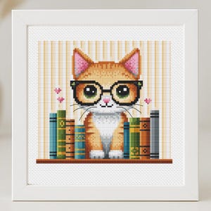 猫の本 クロスステッチのパターン 棚の上の猫 メガネ シンプルで簡単な赤い子猫 初心者向けの原始的な動物 PDF 即時ダウンロード