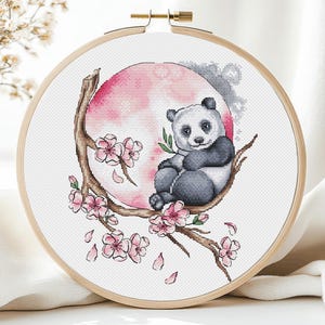 Japanse Panda Cross Stitch Pattern Sakura Animal Flower Moon Wild Aquarel Kleurrijke Kunst DIY Grafiek PDF Instant Download Needlepoint