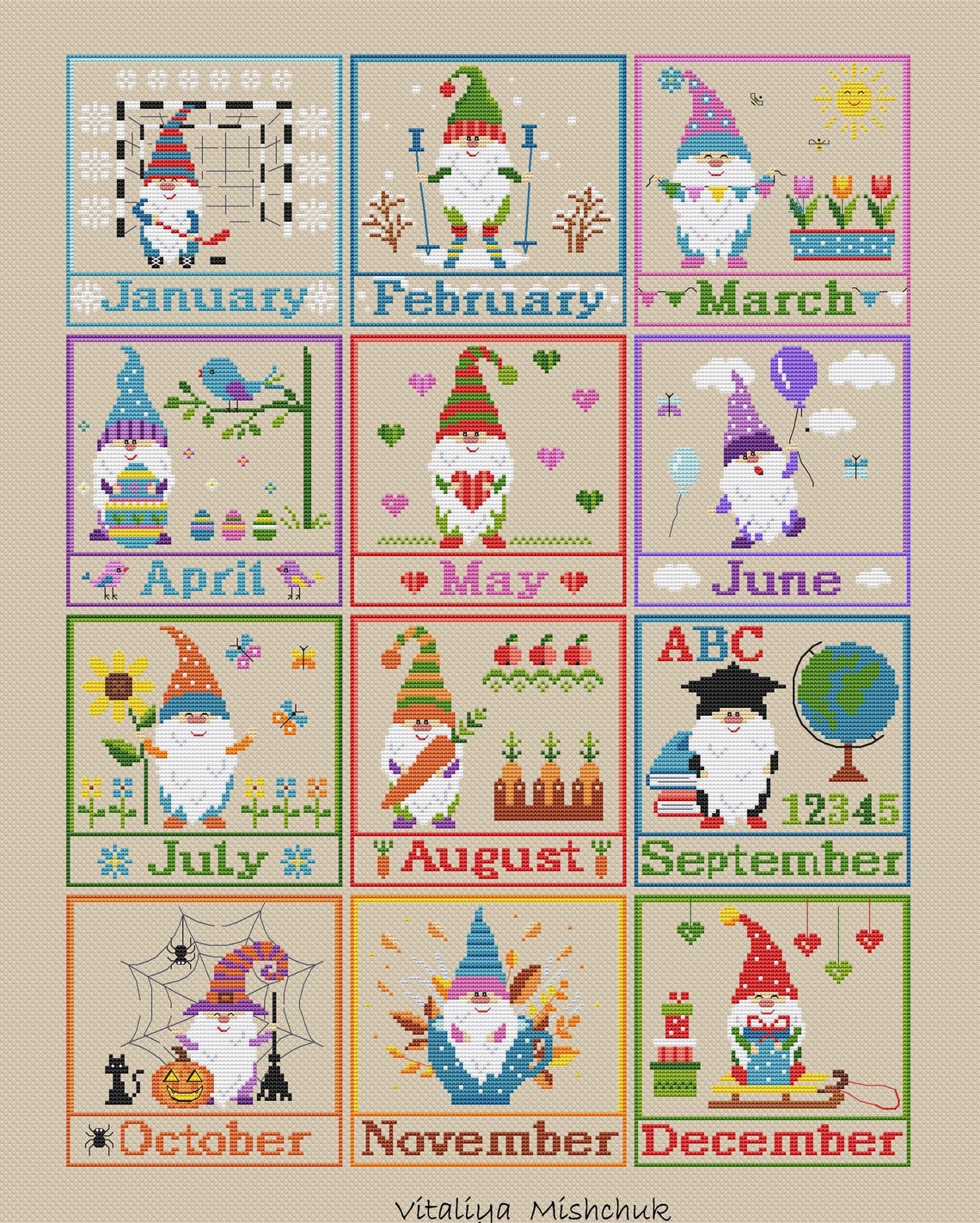 Month Gnome Cross Stitch Pattern PDF Calendar Season Easy Etsy