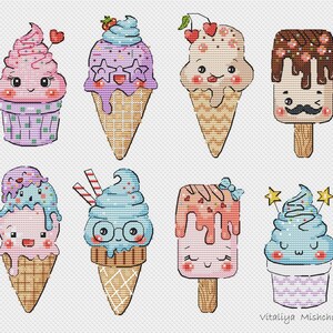 May include: Eight cute cartoon ice cream treats with smiling faces. The ice cream cones are in various colors, including pink, blue, and brown. There are also two ice cream cups and a popsicle.