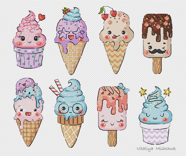 May include: Eight cute cartoon ice cream treats with smiling faces. The ice cream cones are in various colors, including pink, blue, and brown. There are also two ice cream cups and a popsicle.