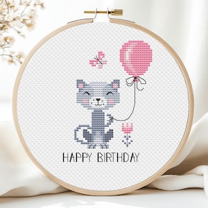 Patrón de punto de cruz de feliz cumpleaños Tarjeta de gato Pequeño Fácil Lindo Animal Niña Principiante Contado PDF Fácil Simple Para Niños Guardería Niños