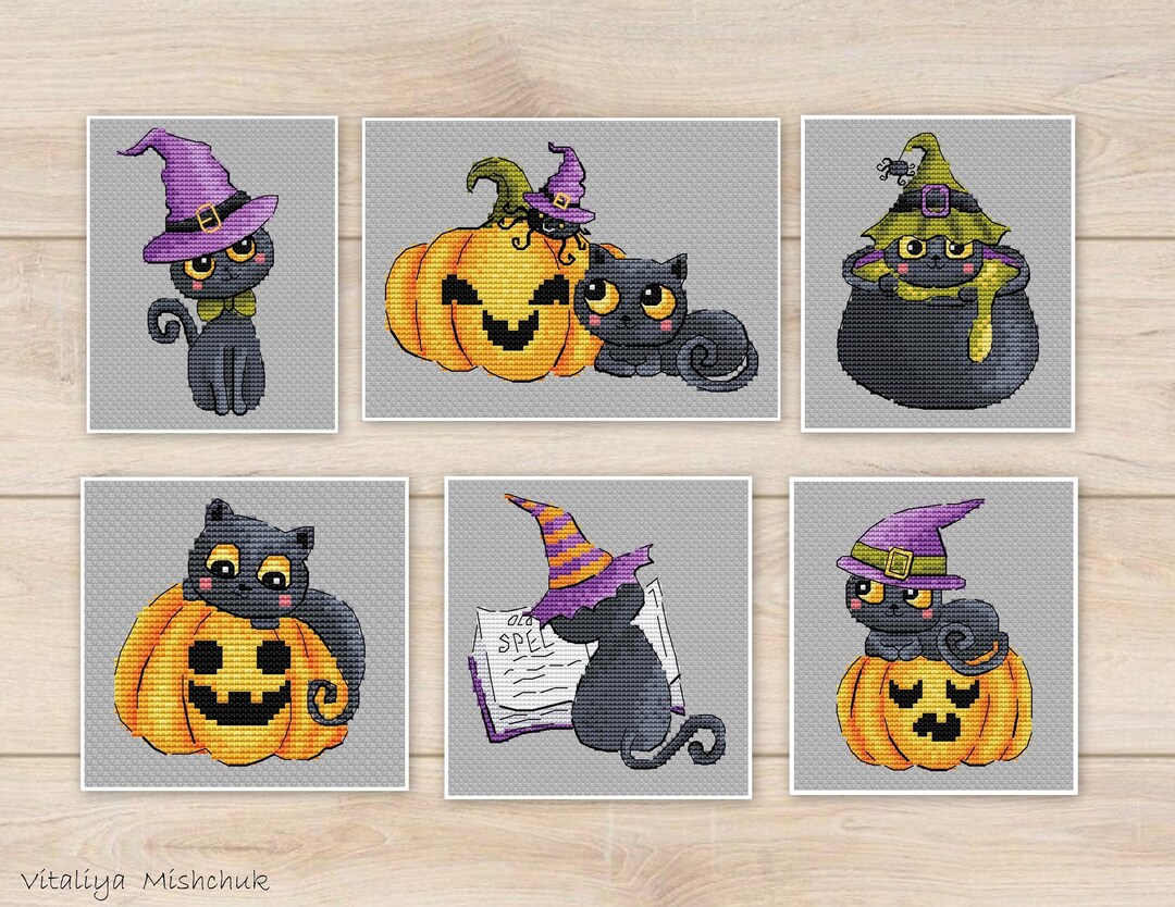 Halloween Black Cat Cross Stitch Pattern Halloween Set Funny Pumpkin ...