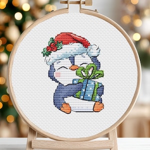 クリスマス動物クロスステッチパターンPDFペンギン小さなカード飾りカラフルなDMC DIYチャートニードルポイント印刷可能なPDF即時ダウンロード