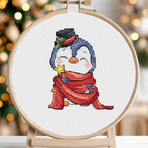 Schema punto croce pinguino di Natale in formato PDF, simpatici animali divertenti per bambini, piccole cartoline, decorazioni per neonati, set invernale, ornamenti natalizi, download immediato