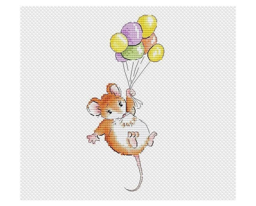 Mouse Balloon Cross Stitch Pattern Colorful Art Diy X Stitch Etsy
