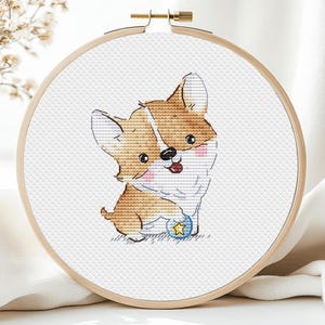 Mini cane Corgi, schema punto croce, simpatico e divertente cucciolo di animale per bambini, piccoli animali domestici, biglietto stampabile in formato PDF, download immediato