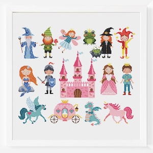 Schema punto croce "Eroi delle fiabe", eroe, principessa delle fiabe, supereroe, castello per bambina, facile per bambini piccoli, set principe sirena, mini PDF
