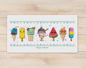 Ice Cream Cross Stitch Pattern PDF Kawaii Summer Art Funny Cute Sweets Dessert Kitchen Colorful  Needlepoint  Printable Instant Download