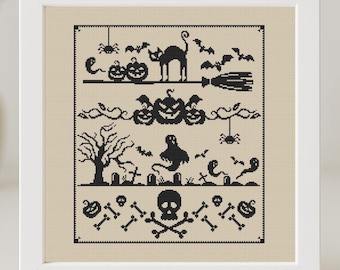 May include: Black and white cross stitch pattern featuring a Halloween scene with a cat, pumpkins, ghosts, bats, and a broom. The pattern also includes a skull and crossbones, bones, and a graveyard.