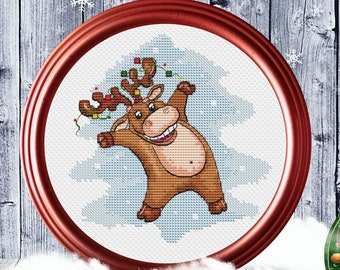 Christmas Deer Cross Stitch Pattern PDF Funny Scene  Christmas Animal Moose X-Mas Art DIY X-stitch Needlepoint  Instant Download