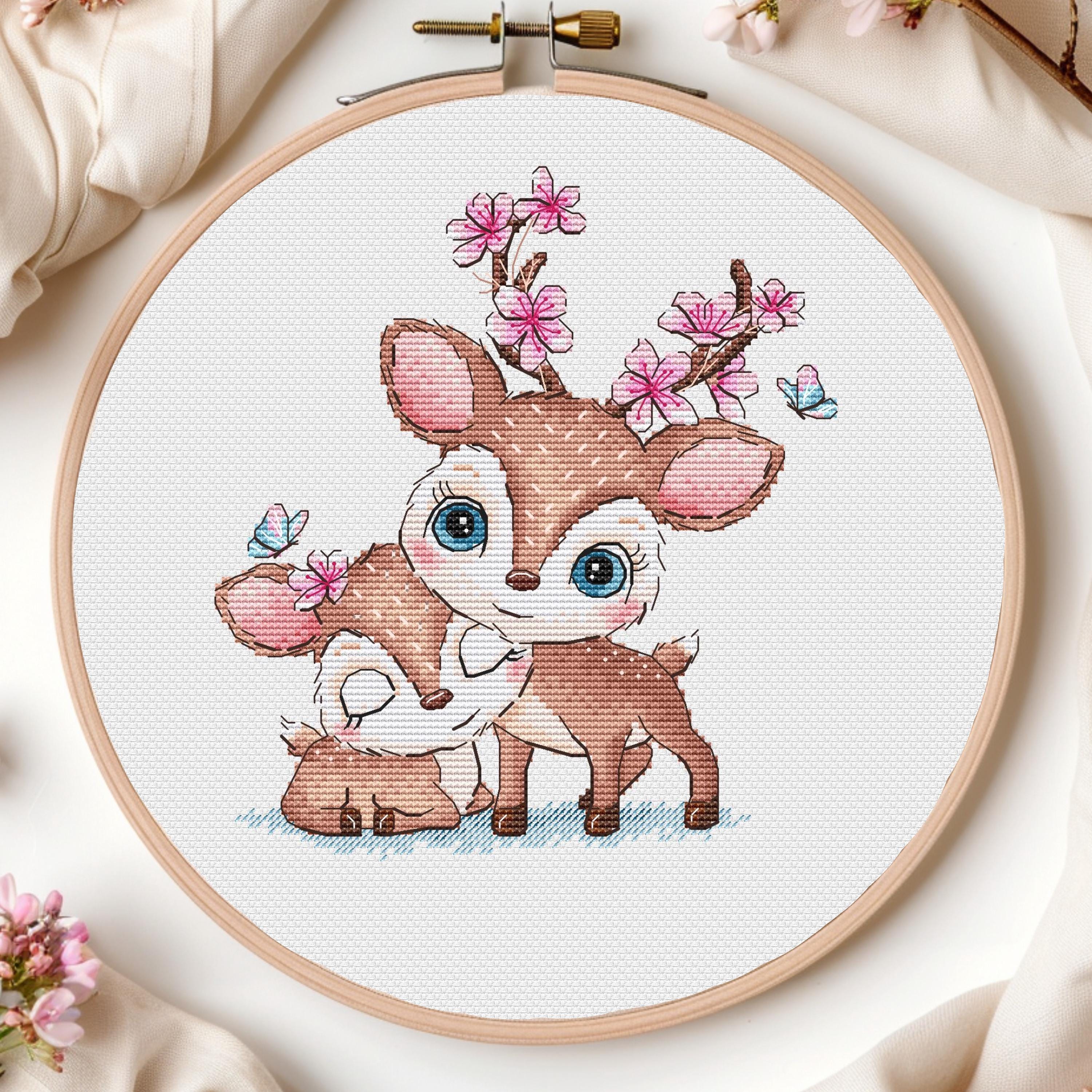 Mom and Baby Cross Stitch Pattern PDF Baby Girl Birth Announcement For Kids Deer Cute Animal Needlepoint  Instant Download Design