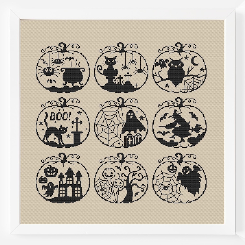 Halloween Dark Cross Stitch Pattern PDF Black Set Witch Ghost Cat ...