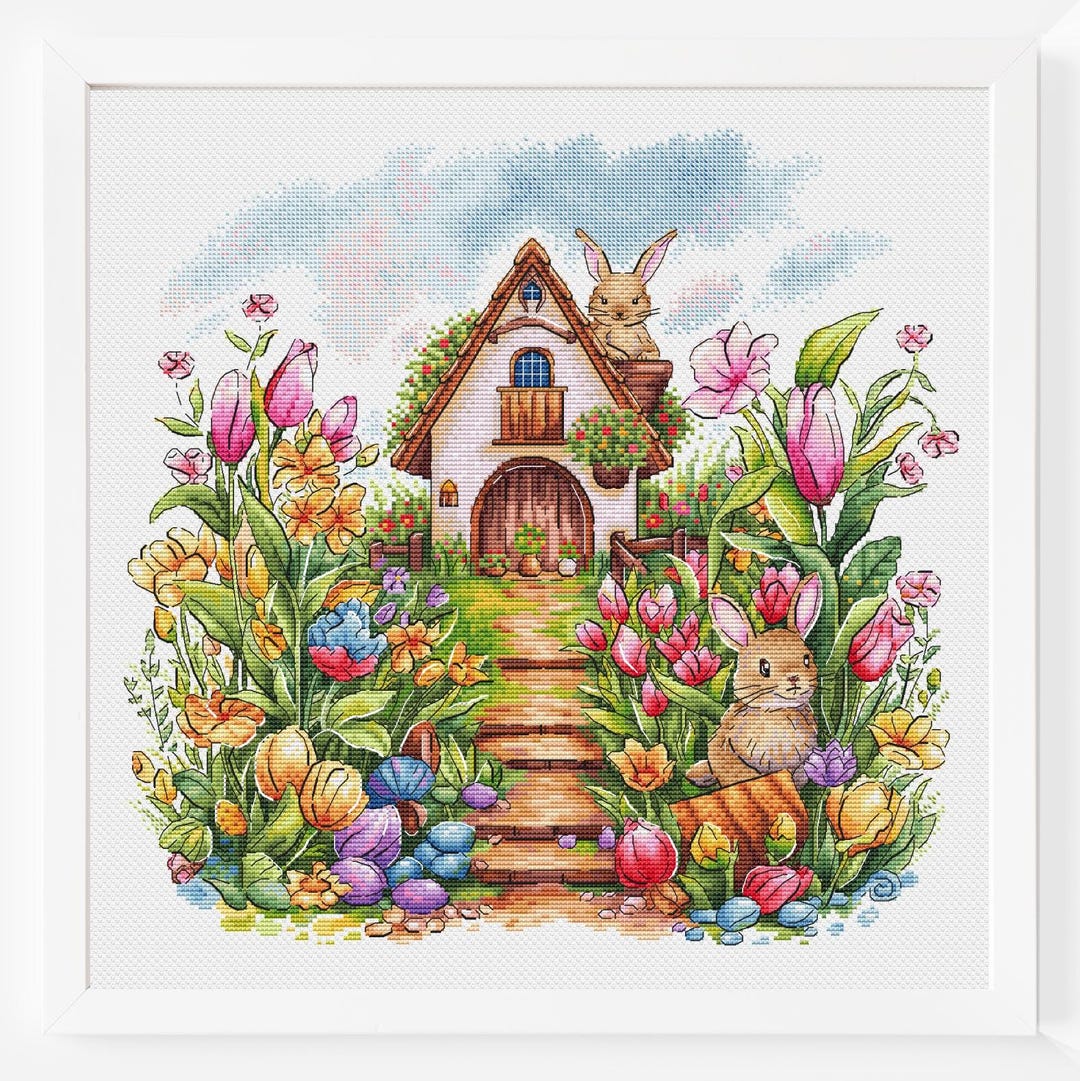 Flower House Cross Stitch Pattern PDF Bunny Landscape Bunn Wildflowers ...