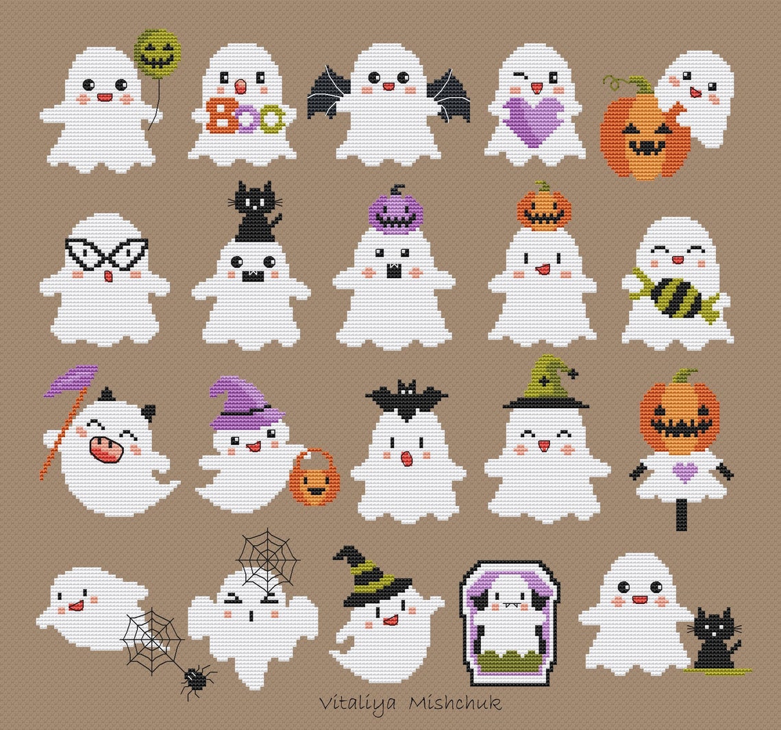 Halloween Ghost Cross Stitch Pattern PDF Set Small Tiny Cute Spooky ...