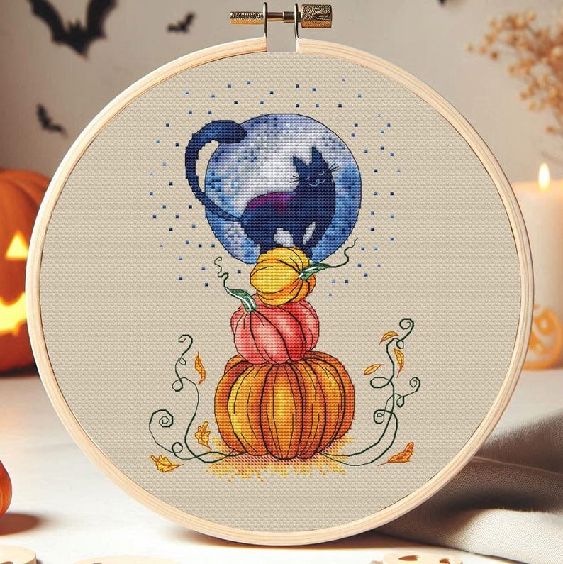 Halloween Black Cat Cross Stitch Pattern Pumpkins Autumn Fall Moon ...