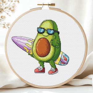 アボカド クロスステッチ パターン 夏 PDF かわいい おもしろい 子供向け サーフィン 野菜 チャート ニードルポイント 印刷可能な PDF 即時ダウンロード
