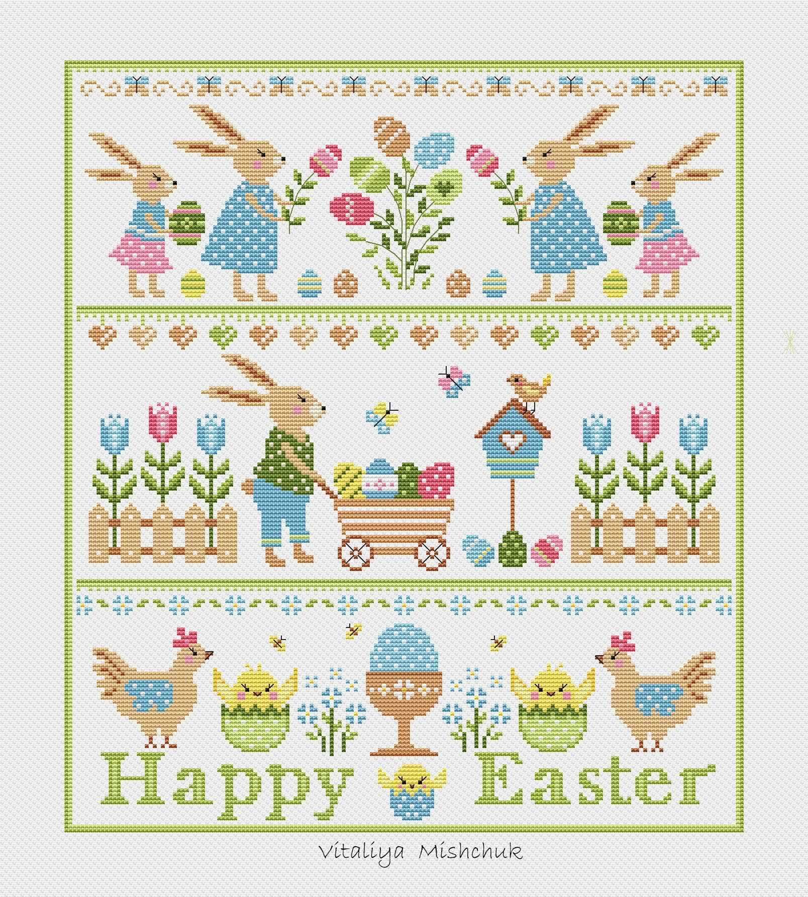 Easter Sampler Cross Stitch Patterns Easter Bunny Primitive for Kids ...