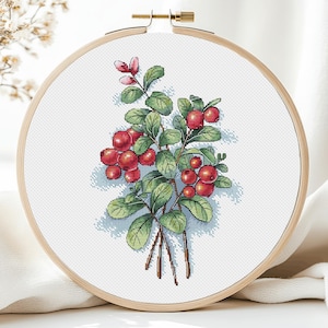 Puede incluir: Un aro de bordado de punto de cruz con un diseño de un racimo de bayas rojas y hojas verdes sobre un fondo blanco.