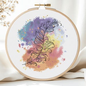 Feathers Cross Stitch Pattern PDF, Watercolor Cross Stitch Pattern Pillow PDF, Colorful Cross Stitch Pattern