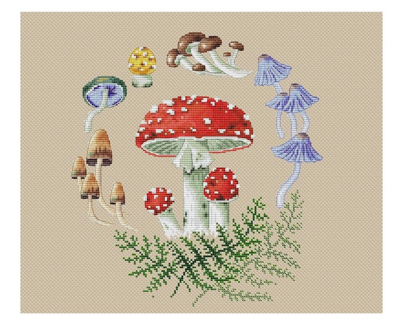 Mushrooms Cross Stitch Patterns Autumn Fall Toadstool Fly agaric Round Pillow Wreath Counted Needlepoint Printable PDF Instant Download image 4