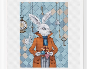 Alice no País das Maravilhas, Coelho Branco, Ponto Cruz, Gráfico de Ponto X, Padrão de Bordado, Gráfico para Imprimir, PDF, Download Instantâneo, Design