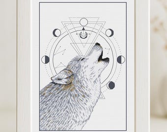 May include: A black and white cross stitch pattern of a wolf howling at the moon with a geometric design of circles and triangles around it.