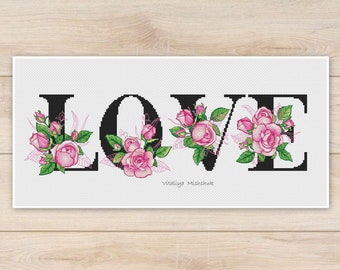 Love Cross Stitch Pattern Letters Flowers Roses Floral Monogram Alphabet Gentle Valentines Day Wedding Anniversary Chart Needlepoint  PDF