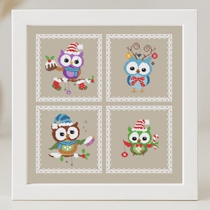 Christmas Owls Cross Stitch Pattern Christmas Animals Birds Easy Primitive Ornament Set of 4 Beginner X-mas Decoration Instant Download