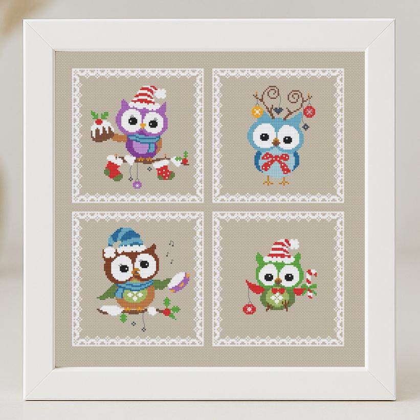Christmas Owls Cross Stitch Pattern Christmas Animals Birds Easy Primitive Ornament Set of 4 Beginne