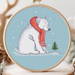 Christmas Bear Cross Stitch Pattern, Christmas Animals Cross Stitch, Christmas Scene Cross Stitch, Winter Polar Bear,  Chart Needlepoint